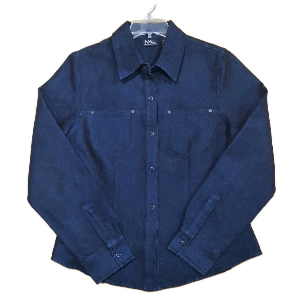Ny Jeans New York & Co Women Overdyed Blue Utility Long Sleeve Darted Shirt Sz L